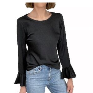 J.Crew Tall Winter Garden Top Sz Medium New $90 Black Ruffle Sleeves Blouse